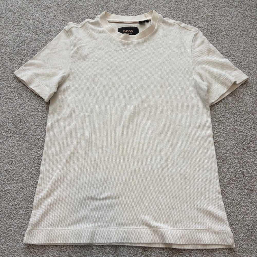 Hugo Boss Cotton Silk Textured Knit Shirt Mens S Cream Short Sleeve Quiet Luxury